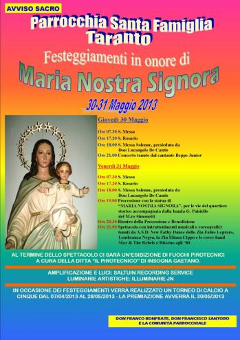 Festeggiamenti in onore di Maria Nostra Signora