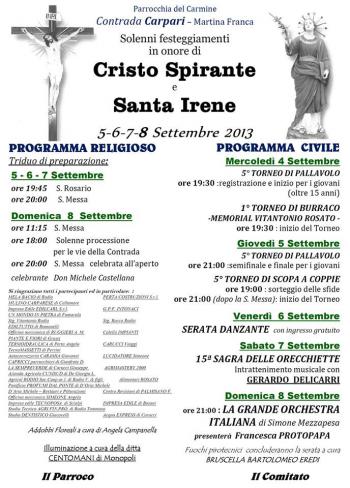 Festa Cristo Spirante e Sant'Irene a Contrada Carpari - il programma