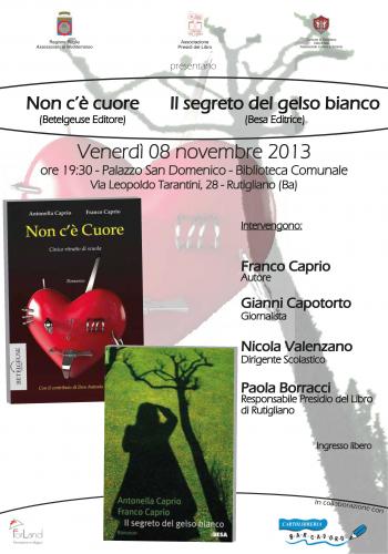 Presentazione libri di Antonella Caprio e Franco Caprio: “Il segreto del Gelso Bianco” e “Non c’è cuore. Cinico ritratto di scuola”