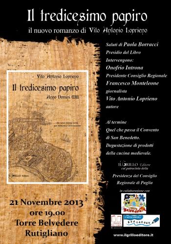 In anteprima nazionale il nuovo romanzo di Vito Antonio Loprieno: “Il tredicesimo papiro. Anno Domini MII”