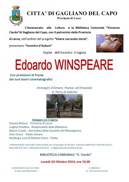 Incontro d'autore_Edoardo Winspeare: immagini d’amore, poesia ed emozioni,lunedì 20 ottobre ore 19.00, Gagliano del Capo