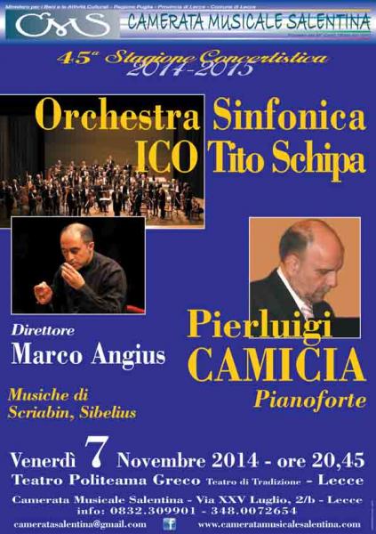 Pierluigi Camicia, pianoforte, e l'Orchestra Sinfonica ICO Tito Schipa venerdì 7 novembre al Teatro Politeama Greco di Lecce