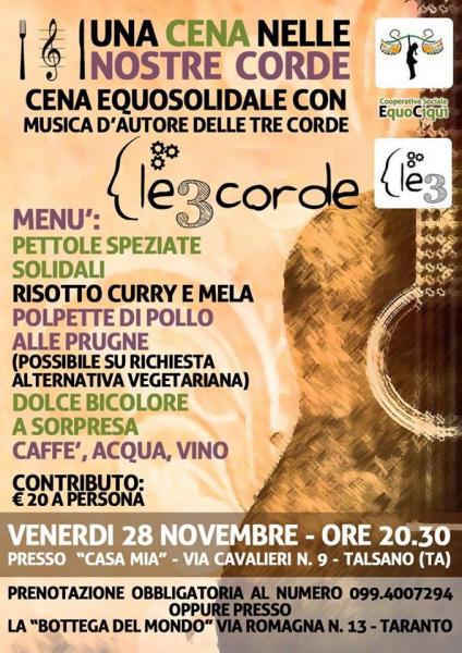 UNA CENA NELLE NOSTRE CORDE - Cena equosolidale con musica d'autore de Le3corde