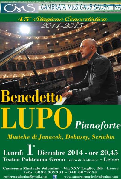 BENEDETTO LUPO, pianoforte, Lunedì 1 Dicembre al Politeama Greco di Lecce