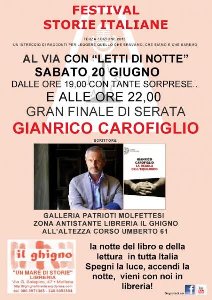 #Storie Italiane il primo festival di letteratura a Molfetta, sabato 20 giugno 2015 al via con #Letti di notte, dalle 19 e gran finale dalle 22,00 ospite d’eccezione GIANRICO CAROFIGLIO