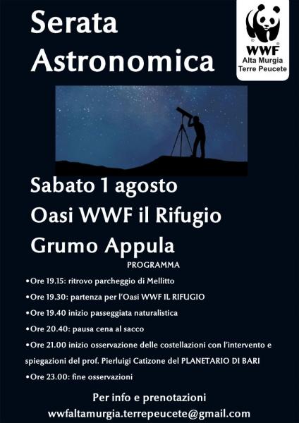 Sabato 1° agosto sera :Serata astronomica - OASI WWF IL RIFUGIO