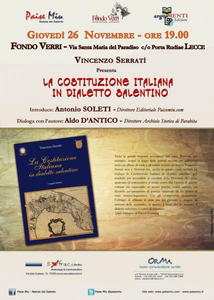 La Costituzione Italiana in dialetto salentino: il 26 novembre Aldo D’Antico ne parla con Vincenzo Serratì, autore dell’opera edita da Congedo