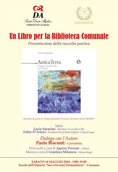 Vito Adamo con la sua raccolta poetica "Antica Terra" inaugura la rassegna casaranese "Un libro per la Biblioteca Comunale"