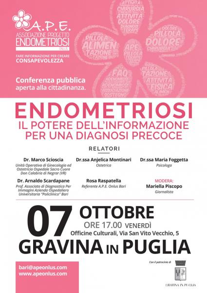 Conferenza pubblica APE Onlus_Endometriosi:il potere dell'informazione per una diagnosi precoce, Gravina In Puglia 7 ottobre ore 17.00