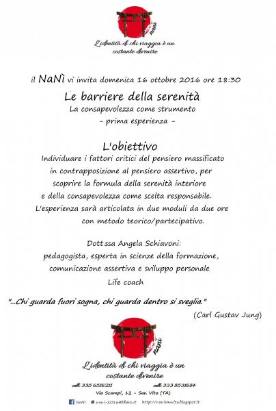 "Le barriere della serenità": incontro esperienziale con la Dott.ssa Angela Schiavoni