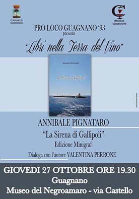 "Libri nella Terra del Vino": il 27 ottobre a Guagnano si presenta "La Sirena di Gallipoli" di Annibale Pignataro