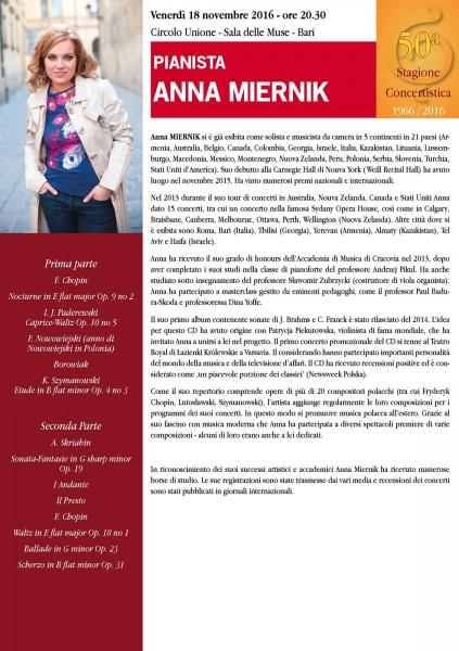 VENERDI 18 NOVEMBRE per la 50a Stagione Concertistica dello storico Ente Morale "IL CORETTO" , IV evento con l'eccezionale pianista ANNA MIERNIK