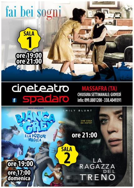 Sala 1 (Fai bei Sogni)  Sala 2 (Bianca e Grey - La Ragazza del Treno)