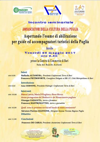 Incontro seminariale gratuito: “Ambasciatori della Cultura della Puglia.  Aspettando l’esame di abilitazione regionale per guide ed accompagnatori turistici della Puglia"