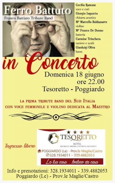 Concerto dei Ferro Battuto – Franco Battiato Tribute Band - domenica 18 giugno al Tesoretto di Poggiardo (Le)