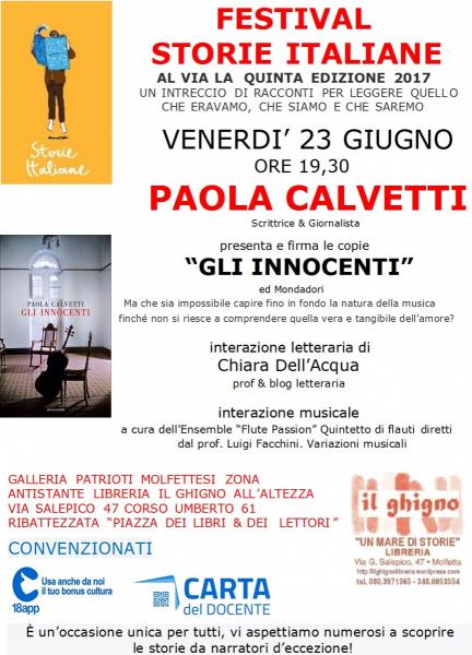 Al via Storie Italiane il primo festival di letteratura a Molfetta protagonista Paola Calvetti scrittrice
