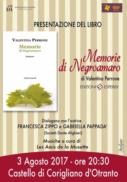 "Memorie di Negroamaro": il romanzo di Valentina Perrone al Castello Volante di Corigliano