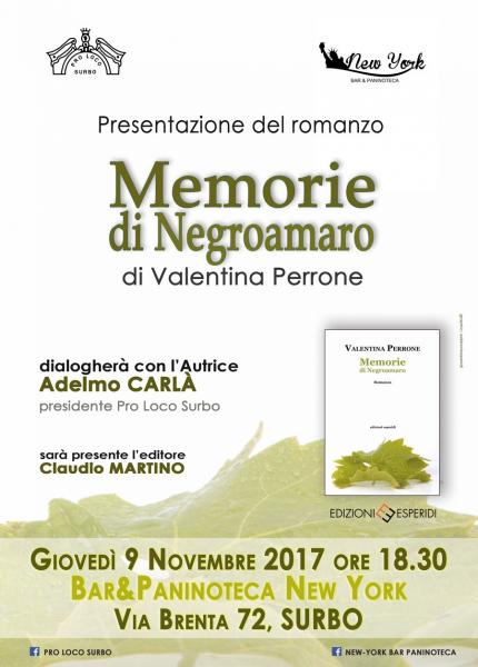 "Memorie di Negroamaro": il romanzo di Valentina Perrone a Surbo (Le)