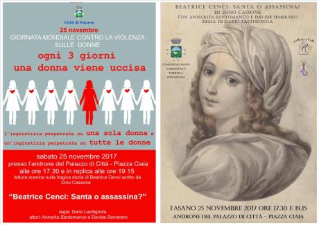 Beatrice Cenci: santa o assassina. Giornata mondiale contro la violenza sulle donne. Fasano