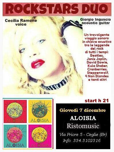 Live “RockstarsDuo” giovedì 7 dicembre al Ristomusic Aloisia di Ceglie (Br)