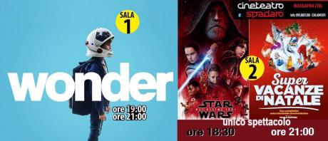 Sala 1 (Wonder 19:00/21:00) - Sala 2 (Star Wars 18:30 - Super Vacanze di Natale 21:00)