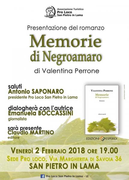 "Memorie di Negroamaro": il romanzo di Valentina Perrone a San Pietro in Lama