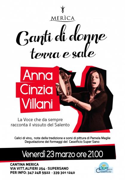 Anna Cinzia Villani presenta Canti di donne, terra e sale_Venerdì 23 marzo ore 21, Cantina Merìca