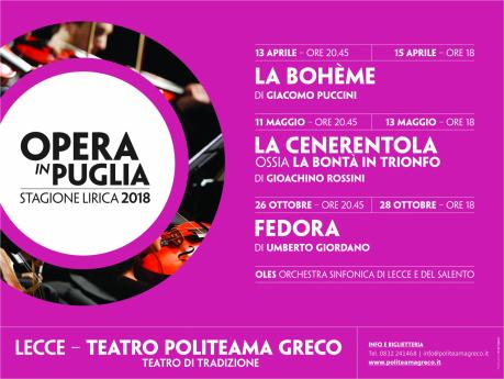 Puccini, Rossini e Giordano. Ecco la stagione lirica di OPERA IN PUGLIA 2018.