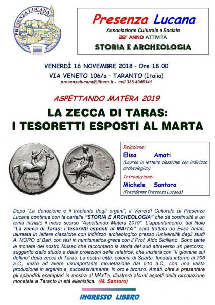 STORIA E ARCHEOLOGIA - Aspettando Matera 2019 - La zecca di Taras:I tesoretti esposti al Museo MArTA e