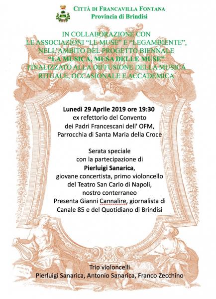 Progetto "La Musica Musa delle Muse", Serata speciale con la partecipazione di Pierluigi Sanarica, primo violoncello del Teatro San Carlo di Napoli