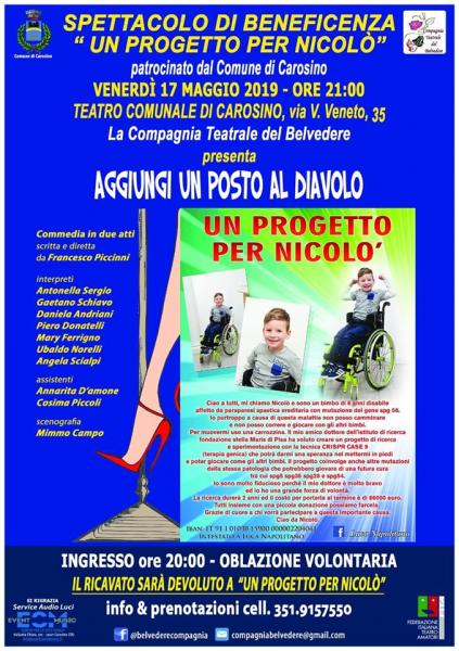Aggiungi un posto al Diavolo a favore di "Un progetto per Nicolò" - Spettacolo di beneficenza per il piccolo Nicolò Napolitano