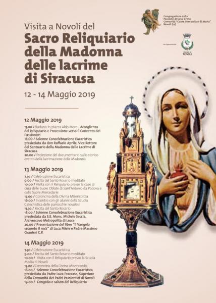 A Novoli, dal 12 al 14 maggio, la Peregrinatio delle Sacre Reliquie delle lacrime  della Madonna di Siracusa