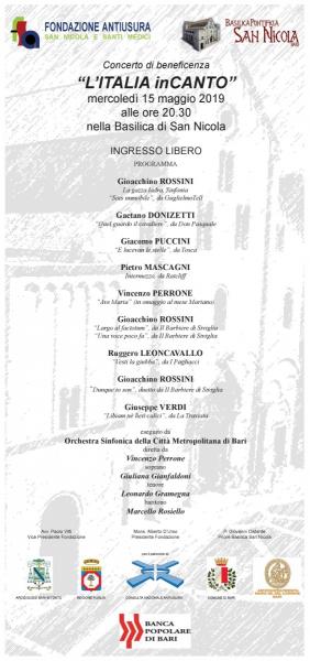 “L’ITALIA, inCANTO” Concerto dell’Orchestra Sinfonica della Città Metropolitana di Bari nel 25° Anniversario della Fondazione Antiusura San Nicola e Santi Medici