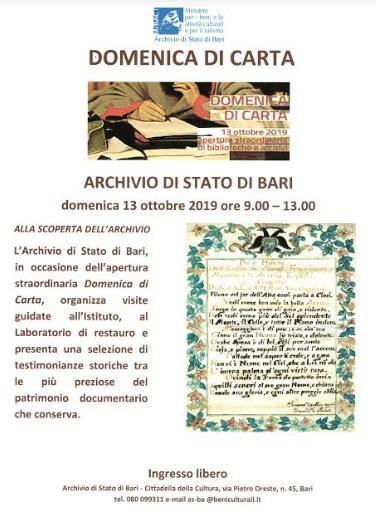 L’Archivio di Stato di Bari si apre per la Domenica di Carta
