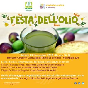 BRINDISI. Sabato 23, la festa della molitura delle olive e dell’olio extravergine con Coldiretti e il Mercato Campagna Amica