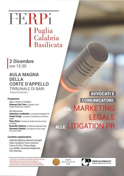 La FERPI Puglia, Calabria e Basilicata scende in campo con il convegno "Avvocati e comunicatori: dal Marketing legale alle Litigation PR"