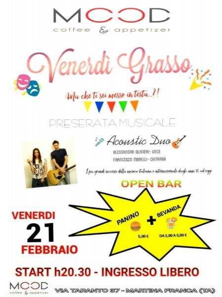 "Venerdi Grasso" al bar Mood con musica live