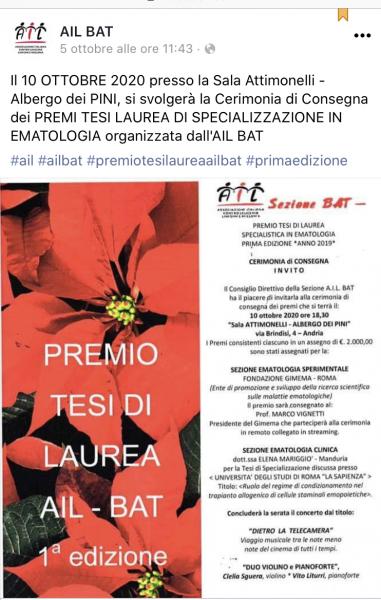 I^Edizione -Premio Ail Bat  Tesi Specialista in Ematologia