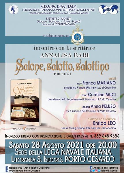 "Salone, salotto, salottino" a Porto Cesareo il romanzo della scrittrice Annalisa Bari
