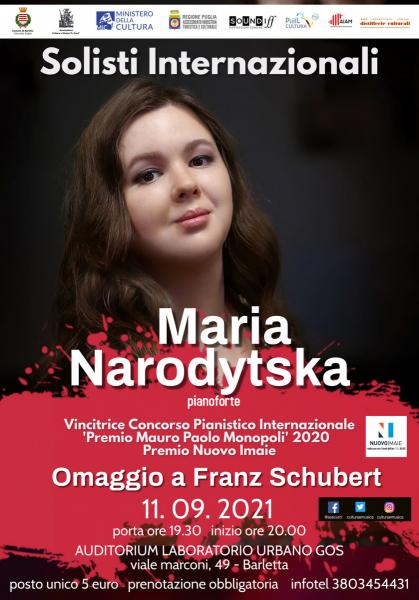 “Omaggio a Schubert” La pianista ucraina Maria Naroditska   a Barletta presso il Laboratorio Urbano Gos  per l’Associazione Cultura e Musica G. Curci