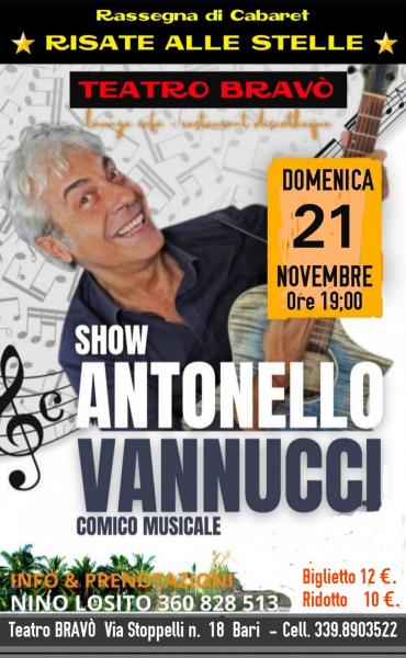 A grande richiesta ritorna al Teatro BRAVO' per la Rassegna "RISATE ALLE STELLE" il MusiComic "ANTONELLO VANNUCCI"  Domenica 21 Novembre h. 19:00