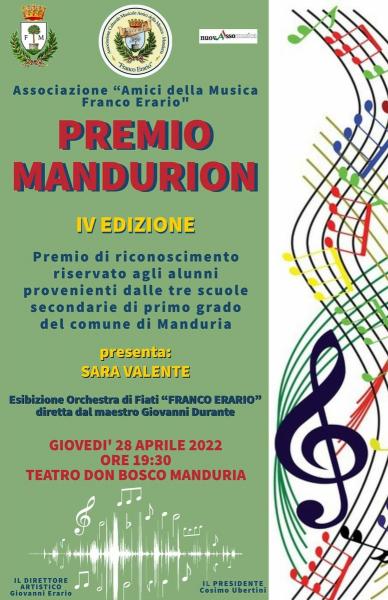 Concerto e conferimento del “Premio Mandurion”, giovedì 28 aprile a Manduria
