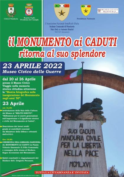 Cerimonia di consegna del "Monumento ai Caduti" restaurato, sabato 23 aprile a Manduria