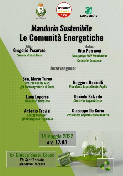 Incontro “Comunità Energetiche e Reddito Energetico”, sabato 14 maggio a Manduria