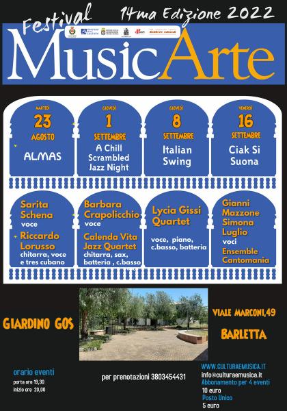 AL VIA LA 14.MA EDIZIONE DEL FESTIVAL “MUSICARTE” Organizzata dalla Associazione Cultura e Musica “G. Curci” Appuntamento presso il Giardino del Laboratorio Urbano GOS