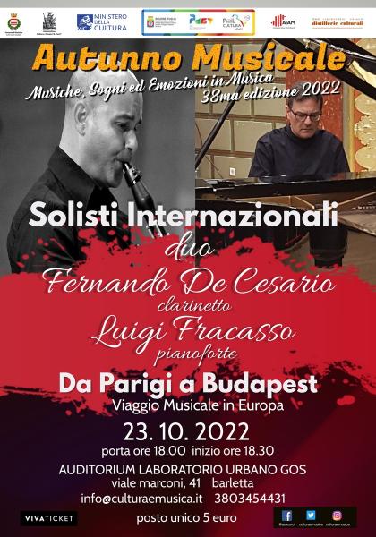 "Da Parigi a Budapest" Musiche Sogni ed Emozioni in Musica  con il Duo Fernando De Cesario  e Luigi Fracasso per l’Autunno Musicale dell’Associazione Curci di Barletta
