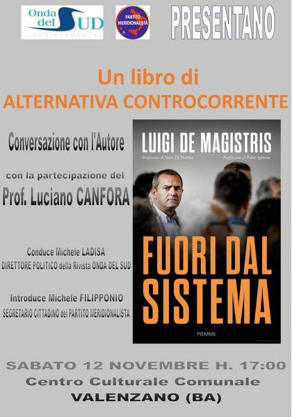 VALENZANO: “Fuori dal Sistema", il nuovo libro di Luigi de Magistris