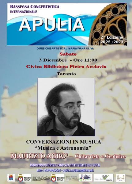 RASSEGNA CONCERTISTICA INTERNAZIONALE "APULIA" -CONVERSAZIONI IN MUSICA: "Musica e Astronomia" MAURIZIO AGRO' -Chitarrista  e  Geofisico