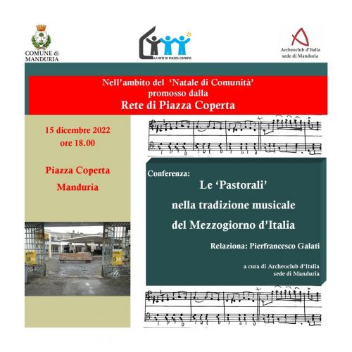 Conferenza “Le  Pastorali nella tradizione  musicale del Mezzogiorno d’Italia”, giovedì 15 dicembre a Manduria