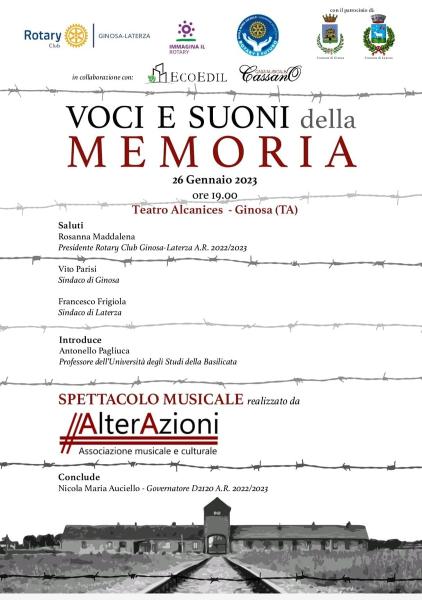 Giornata della Memoria 2023: Voci e  Suoni della Memoria con il Rotary Club Ginosa-Laterza e AlterAzioni